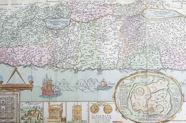 1630 Jacob Tirinus Large Early Antique 1st Edition Map of The Holy Land, Palestine, Israel