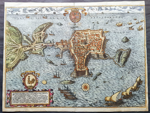 1598 Braun & Hogenberg Antique Map View Old Town of Gallipoli Apulia South Italy