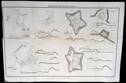 1856 Capt Delafield Large Antique Schematics Forts City of Lyons, France