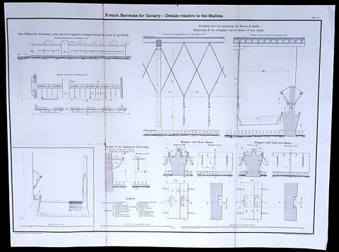 1856 Capt Delafield Large Antique Schematics of French Calvary Barracks, Stables