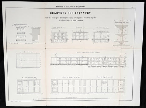 1856 Capt Delafield Large Antique Schematics French Infantry Barracks & Quarters