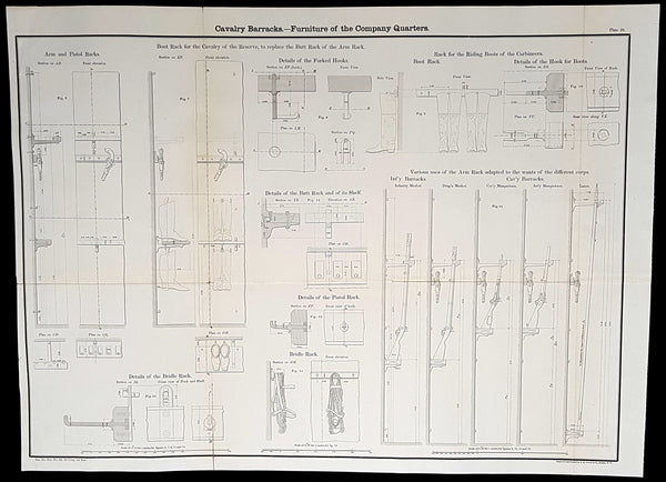 1856 Capt Delafield Large Antique Schematics of Calvary Barracks Rifles, Pistols