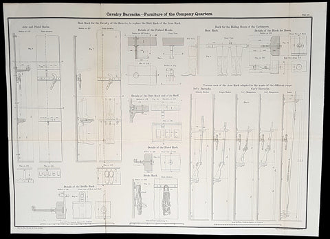 1856 Capt Delafield Large Antique Schematics of Calvary Barracks Rifles, Pistols