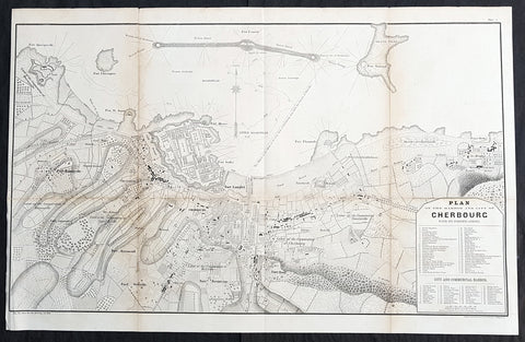 1856 Major Delafield Large Antique Map of The Harbor & City of Cherbourg, France