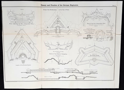 1856 Cap Richard Delafield Large Antique Schematics German Fortifications