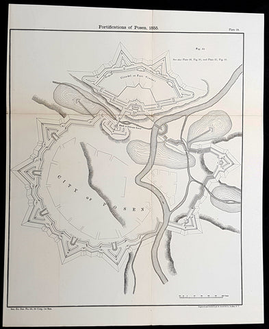 1856 Capt Delafield Large Antique Schematics of Citadel & City of Poznan, Poland