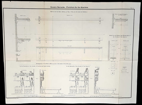 1856 Capt Delafield Large Antique Schematics Internal Calvary Barracks, Quarters