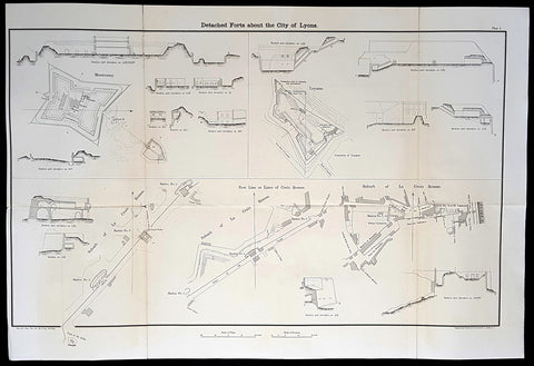 1856 Capt Delafield Large Antique Schematics Forts City of Lyons, France