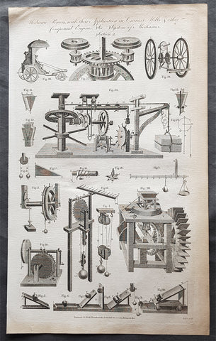 1798 W H Hall Large Antique Print of Drive Trains Cogs Pulleys for Cranes, Mills