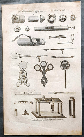 1798 W H Hall Large Antique Print of the Apparatus of The Microscope, Lenses