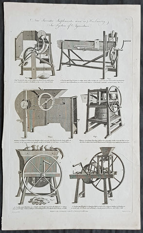 1794 William Hall Antique Print Newly Invented Farm machinery Thrashing Machines