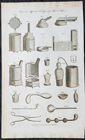 1798 William Hall Antique Print of Chemistry Ovens, Apparatus, Stills, Forceps