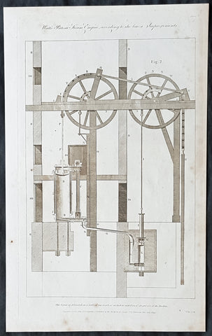 1795 William Hall Antique Print Diagram of The Watts Steam Engine in 1795