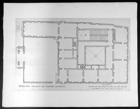 1665 De Rossi Original Antique Architectural Plan, Print of Sachetti Palace Rome, Italy