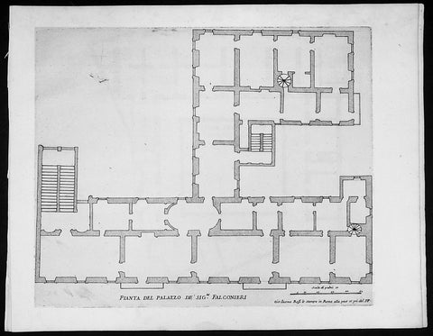 1665 De Rossi Original Antique Architectural Plan, Print of Falconieri Palace, Rome, Italy