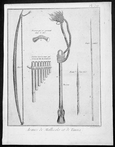 1778 Capt Cook Antique Print Weapons & Musical Instruments Vanuatu Islands, 1774