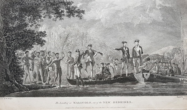 1777 Capt Cook Antique Print View of Cook Landing on Malakula Island, Vanuatu in 1774