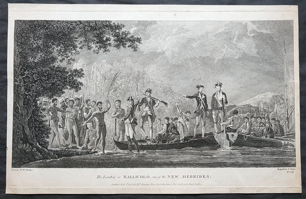 1777 Capt Cook Antique Print View of Cook Landing on Malakula Island, Vanuatu in 1774