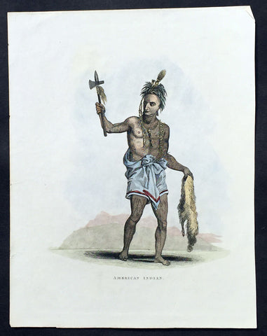 1824 Kelly Old, Antique Print of a North American Indian in War Dress & Tomahawk