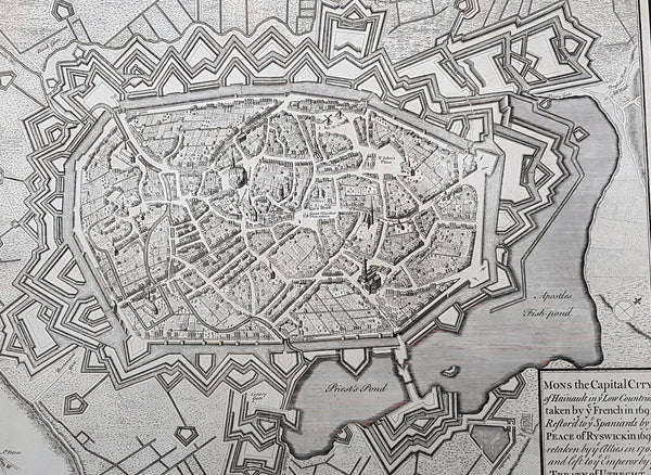 1745 Tindal Original Antique Map Birds Eye View City of Mons, Walloon, Belgium