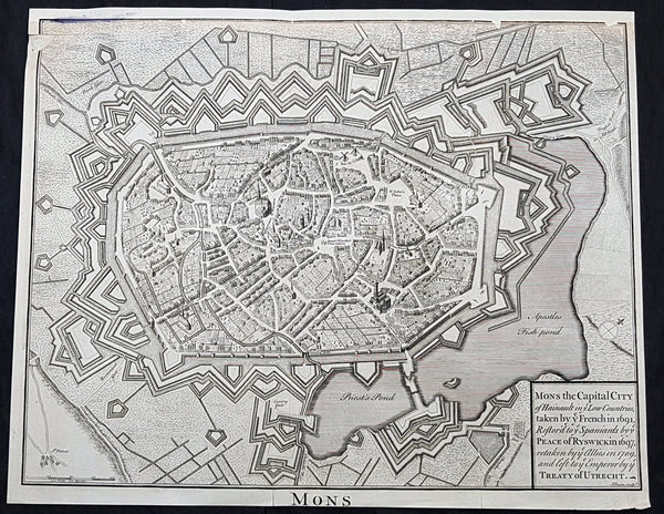 1745 Tindal Original Antique Map Birds Eye View City of Mons, Walloon, Belgium