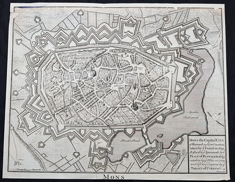 1745 Tindal Original Antique Map Birds Eye View City of Mons, Walloon, Belgium