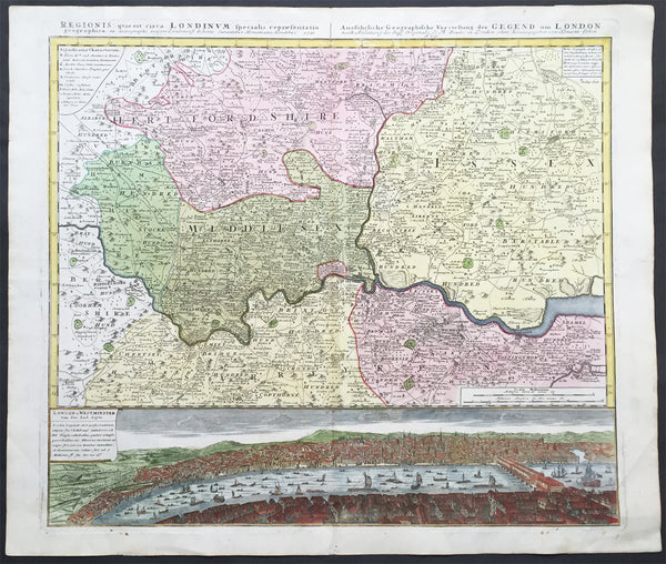 1741 Large Homann Antique Map of London Surrey - Birds Eye View of London