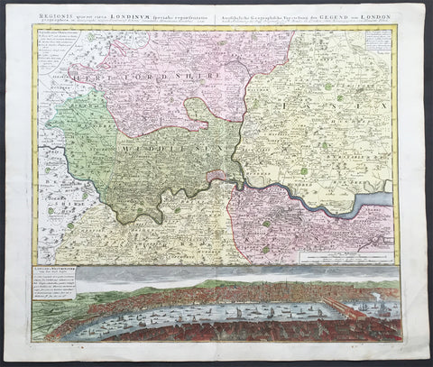 1741 Large Homann Antique Map of London Surrey - Birds Eye View of London