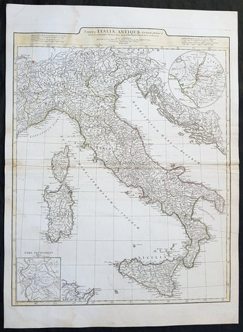 1764 J B D Anville Large Original Antique Map of Italy inset plan of Rome