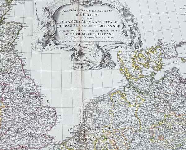 1754 D Anville Large Original Antique Map of Western Europe British Isles - Rare