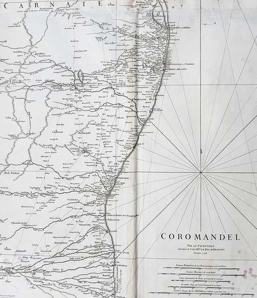 1753 D Anville Large Original Antique Map of SE Coromandel Coast of India - Rare
