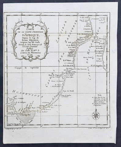 1755 Bellin Antique Map South East Africa from The Cape to Tanzania - Hottentots