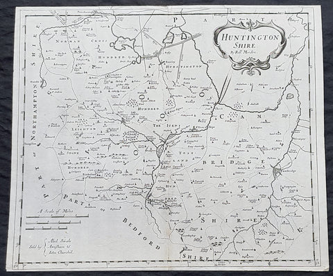 1722 Robert Morden Antique Map of Huntington in County of Cambridgeshire England