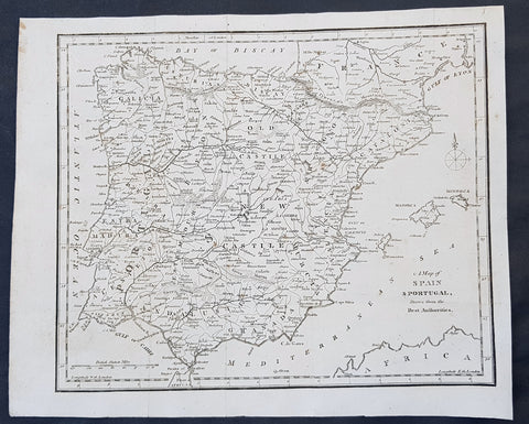 1797 John Cary Original Antique Map of Spain, Portugal & The Balearic Islands