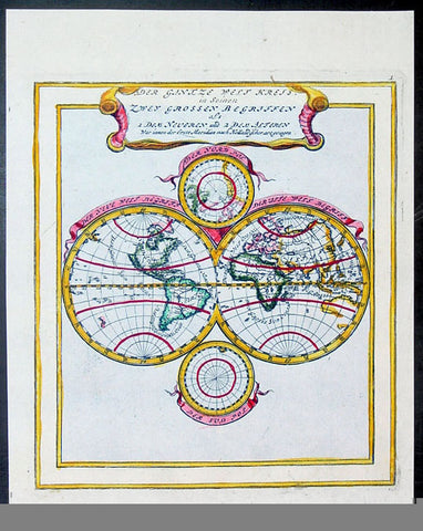 1704 Bodenehr Antique Twin Hemisphere World Map, California as an Island