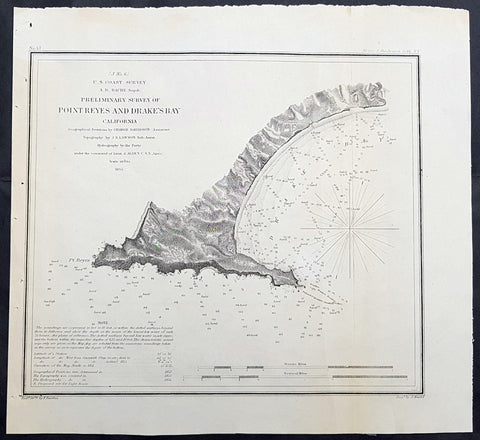1855 US Coast Survey & A D Bache Antique Map of Drakes Bay or Puerto de Los Reyes, California