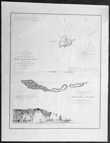 1854 US Coast Survey & A D Bache Antique Maps Smiths Isle, Washington & Anacapa Isle, California