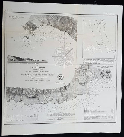 1854 A D Bache Antique Maps of Santa Cruz & Point Ano Nuevo Harbors, California