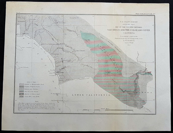 1855 US Coast Survey & A D Bache Antique Map Lower Colorado River Valley & San Diego, California