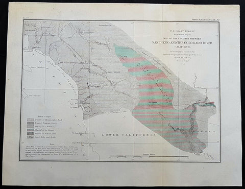 1855 US Coast Survey & A D Bache Antique Map Lower Colorado River Valley & San Diego, California