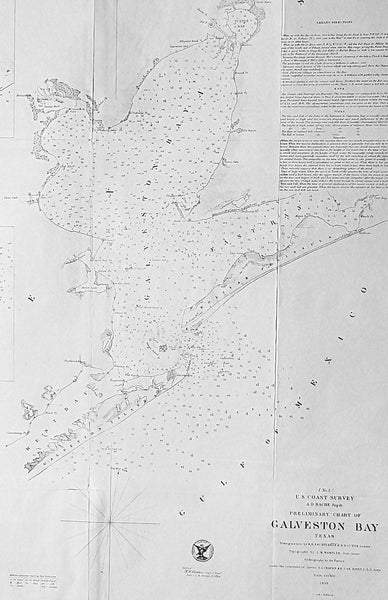 1855 A D Bache Scarce Antique Map of Galveston Island & Galveston Bay, Texas