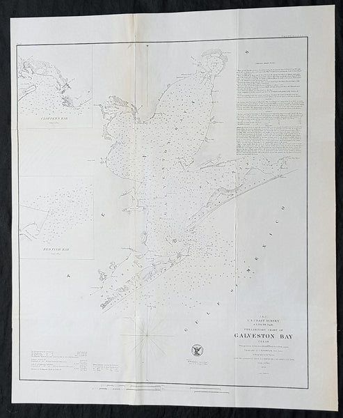 1855 A D Bache Scarce Antique Map of Galveston Island & Galveston Bay, Texas