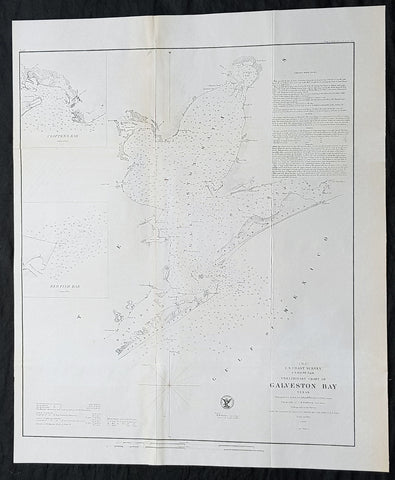 1855 A D Bache Scarce Antique Map of Galveston Island & Galveston Bay, Texas