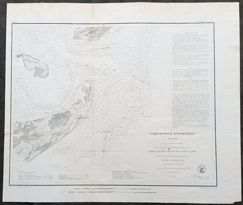 1856 US Coast Survey & A D Bache Rare Antique Map of the Town & Entrance of Galveston Bay, Texas