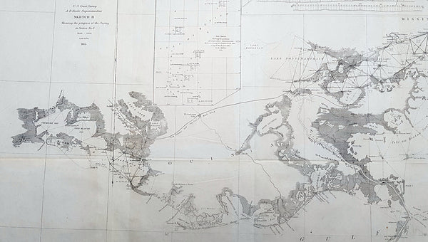 1855 US Coast Survey Large Antique Map Mississippi Delta, Louisiana to Alabama