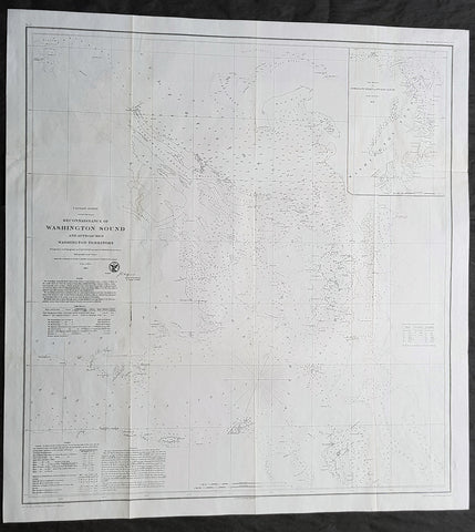 1862 US Coast Survey & A D Bache Large Rare Antique Map of Puget & Washington Sound, Washington