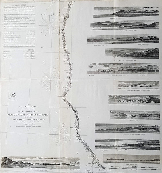 1854 A D Bache Large Rare Antique Map of San Francisco California to Umpqua River, Oregon