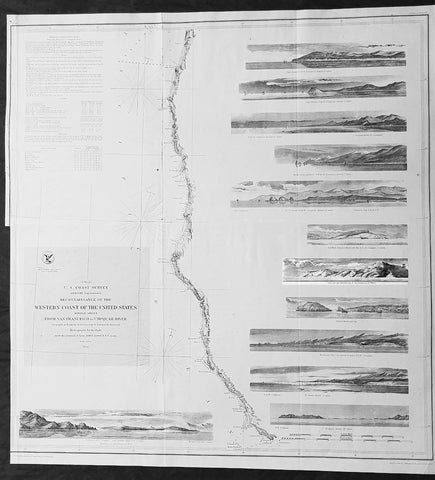 1854 A D Bache Large Rare Antique Map of San Francisco California to Umpqua River, Oregon