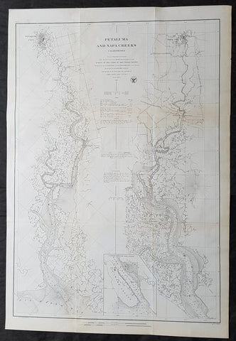1861 A D Bache Large Antique Map Napa River & Petaluma River Valleys, California