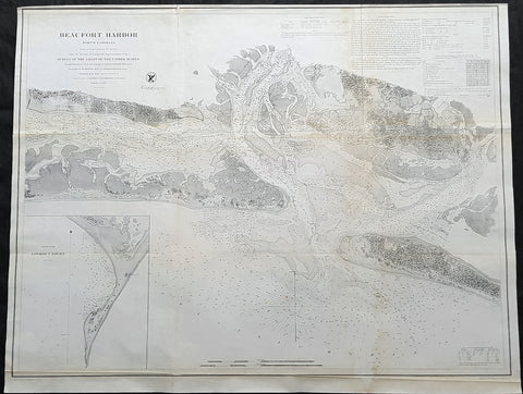 1857 A D Bache Large Antique Map Beaufort Harbor North Carolina - Extremely Rare